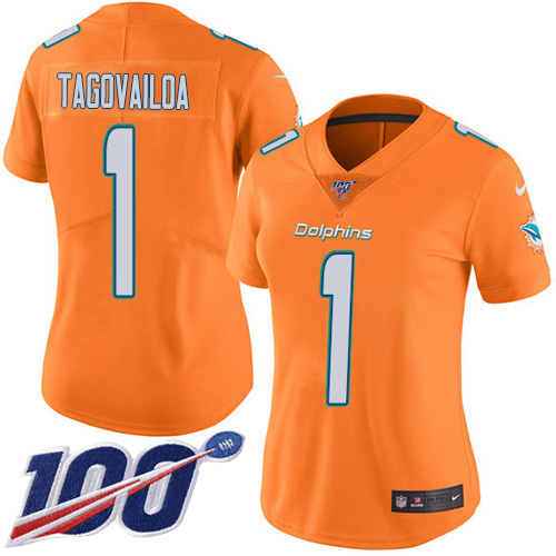 Nike Miami Dolphins #1 Tua Tagovailoa Orangen Women Stitched NFL Limited Rush 100th Season Jersey->women nfl jersey->Women Jersey